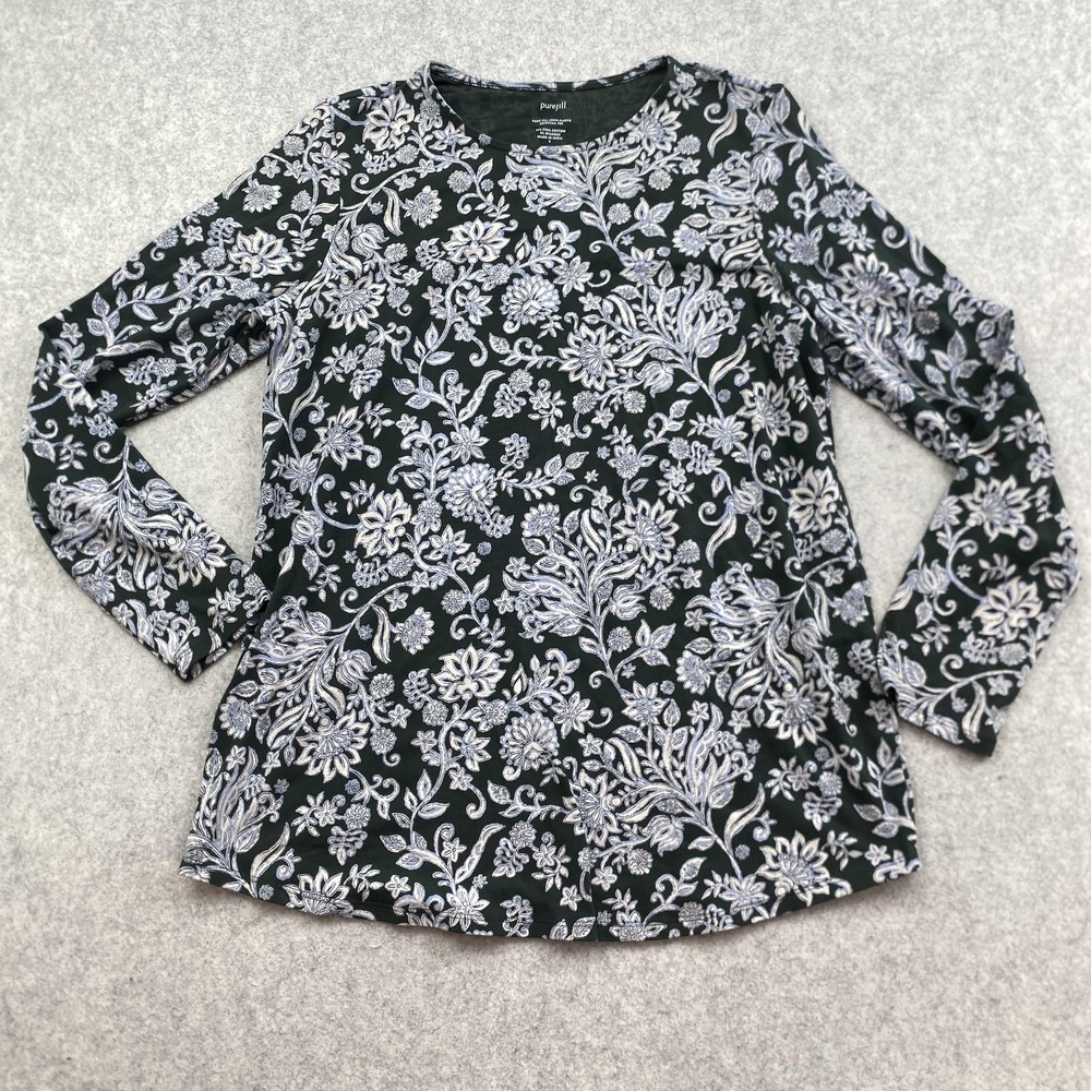 Pure Jill Shirt Womens Small Green Floral Shirttail Hem Long Sleeve Tee